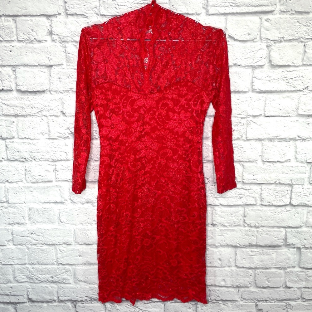 ASOS Red Lace Midi Pencil Body Con Dress Scalloped Hem and Neckline US Size 8